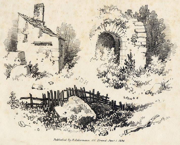 Country sketches, rustic ruins and fence, J.D.Harding stone lithograph, 1824