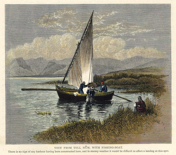 Israel, Lake Galilee with fishing boat, 1880