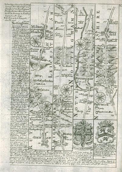 Leicestershire & Nottinghamshire, route map with Oakham, Melton Mowbray, Nottingham, Mansfield, 1764