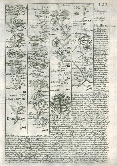 Yorkshire, route map with Barnsley, Halifax and Skipton, 1764