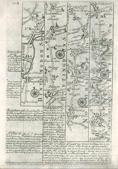 Huntingdon / Northamptonshire, route map with St.Neots, Catworth Magna and Oakham, 1764