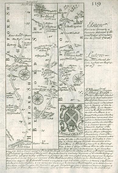 Hertford / Bedfordshire, route map with St.Albans, Bedford and Oakley, 1764