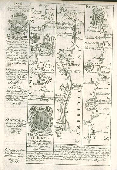 Cambridgeshire / Norfolk, route map with Ely, Littleport and Kings Lynn, 1764