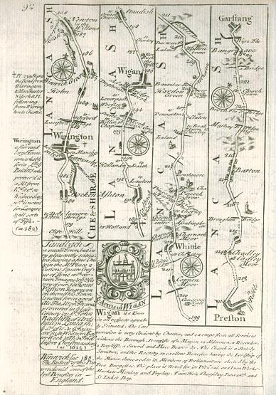 Lancashire, route map with Warrington, Wigan, Whittle, Preston & Garstang, 1764