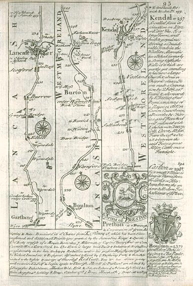 Lancashire / Westmoreland, route map with Lancaster, Burton and Kendal, 1764