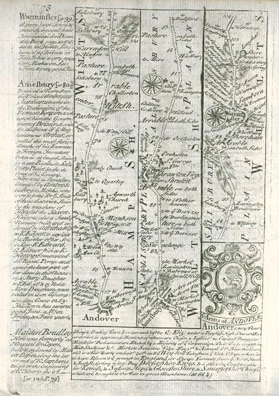 Hampshire / Wiltshire, route map with Andover, Amesbury and Warminster, 1764