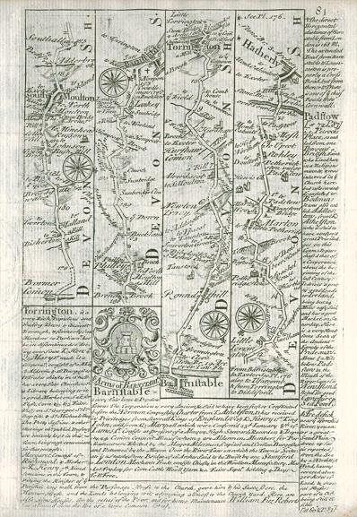 Devon, route map with South Moulton, Barnstable, Torrington and Hatherley, 1764