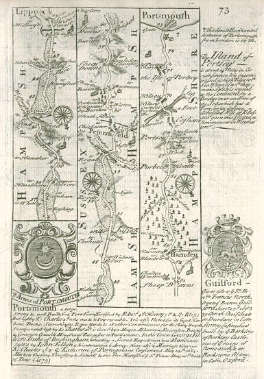 Hampshire, route map with Liphook, Petersfield, Harnden and Portsmouth, 1764