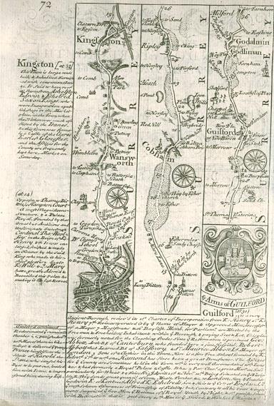 Surrey, route map with London, Wandsworth, Kingston, Cobham, Guildford, 1764