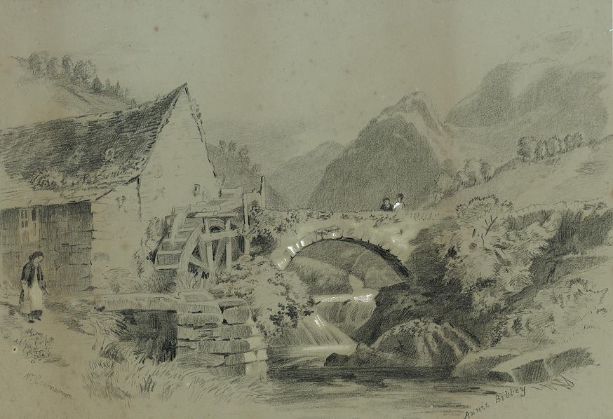 Wales, mill near Carnarvon, pencil drawing by Annie Bibbey, c1850