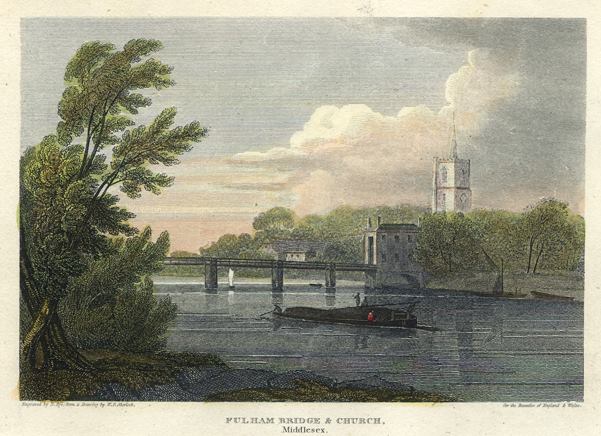 London, Fulham Bridge & Church, 1812