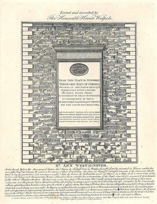 London, St.Ann Westminster, plaque to Theodore King of Corsica, 1801