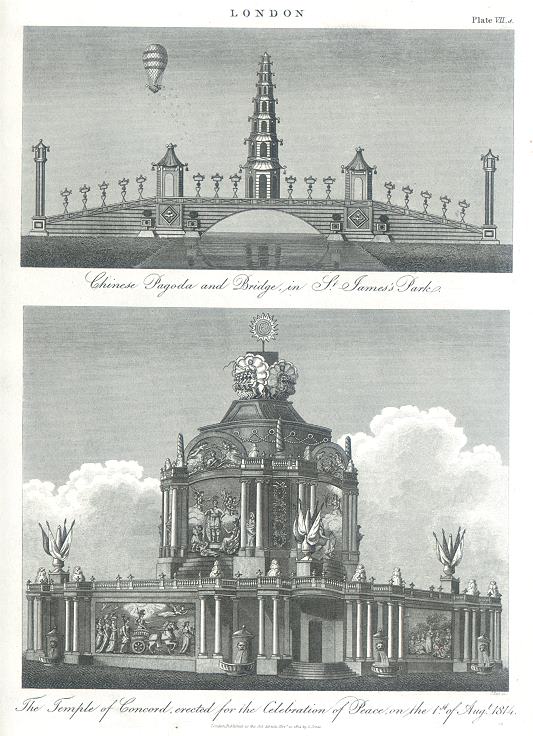 London, St.James's Park Chinese Pagoda & temple of Concord in Green Park, 1815