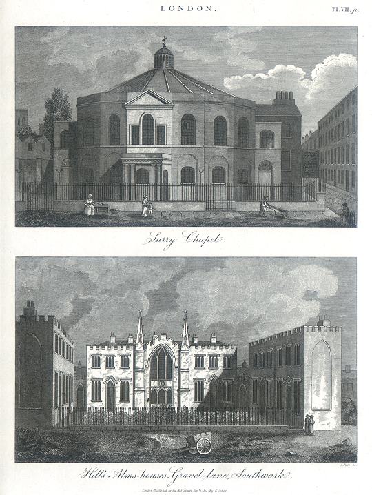 London, Surrey Chapel & Hill's Alms-houses in Southwark, 1815