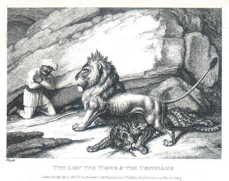 The Lion the Tiger & the Traveller, Howitt, 1810