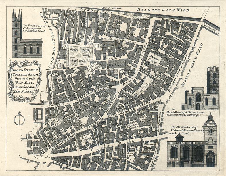 London, plan of Broad Street & Cornhill Wards by Bowen, 1771