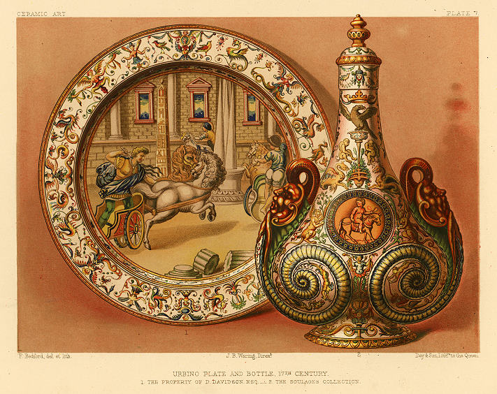 Decorative print, Ceramic Art, (17th century Urbino plate & bottle), 1858