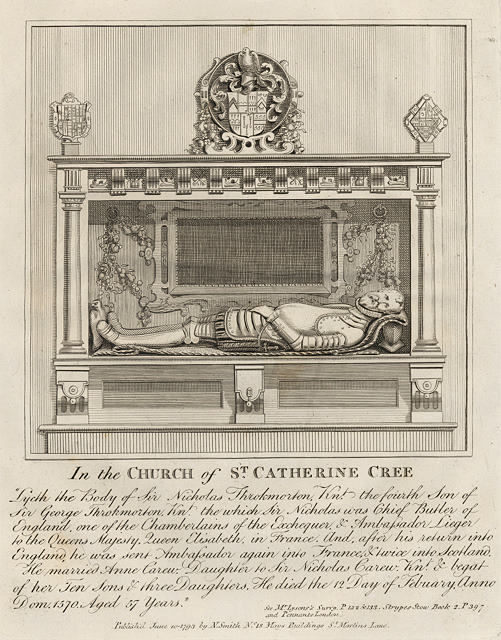 London, Monument of Nicholas Throkmorton Kt. in St.Catherine Cree, 1801