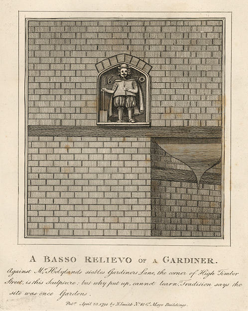 London, Gardiners Lane, bass relief of a gardiner dated 1670, 1801