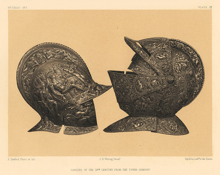 Decorative print, Metallic Art, (16th century Casques or helmets), 1858