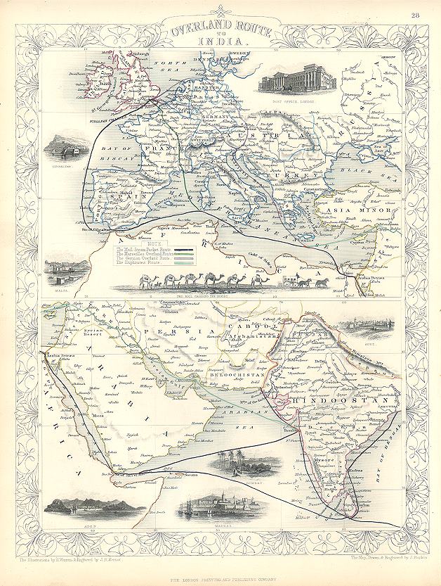 Overland Route to India, Tallis/Rapkin map, 1853