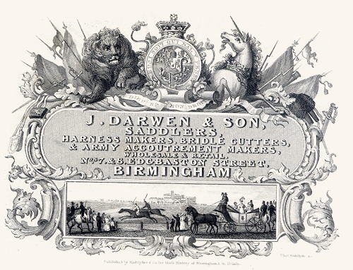 Birmingham, J.Darwen & Sons, Saddlers etc., Trade Card, 1836