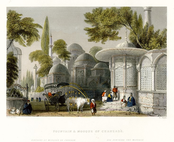 Turkey, Constantinople, Fountain & Mosque of Chahzade, 1838