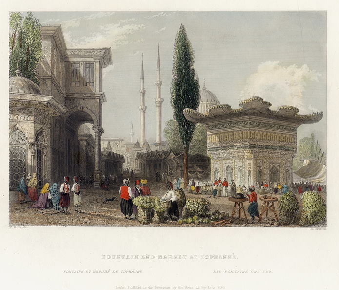 Turkey, Constantinople, Fountain and Market at Tophanne, 1838