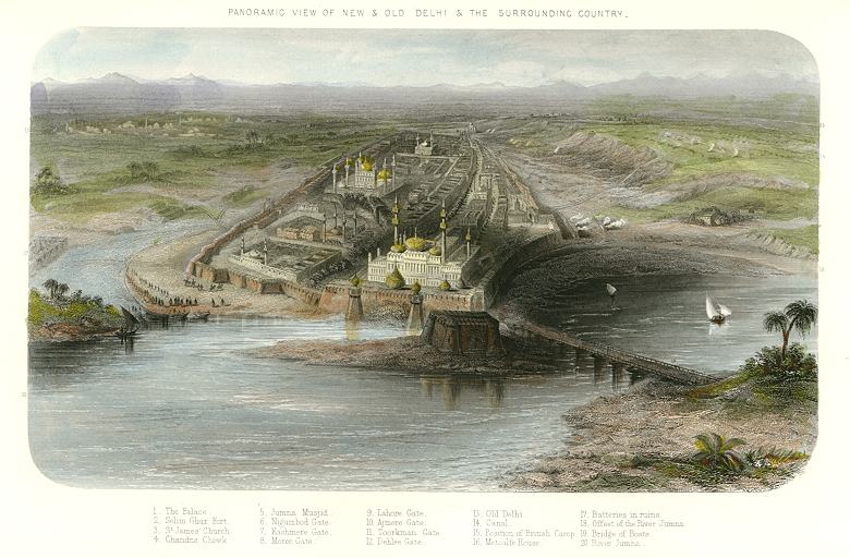 India, New and Old Delhi, bird's-eye view, 1858