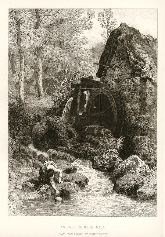 An Old English Mill, etching by Birket Foster, 1881