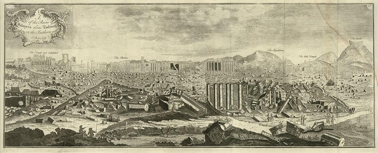 Palmyra ruins panorama, after Cornelis de Bruyn, engraved by Basire, c1747