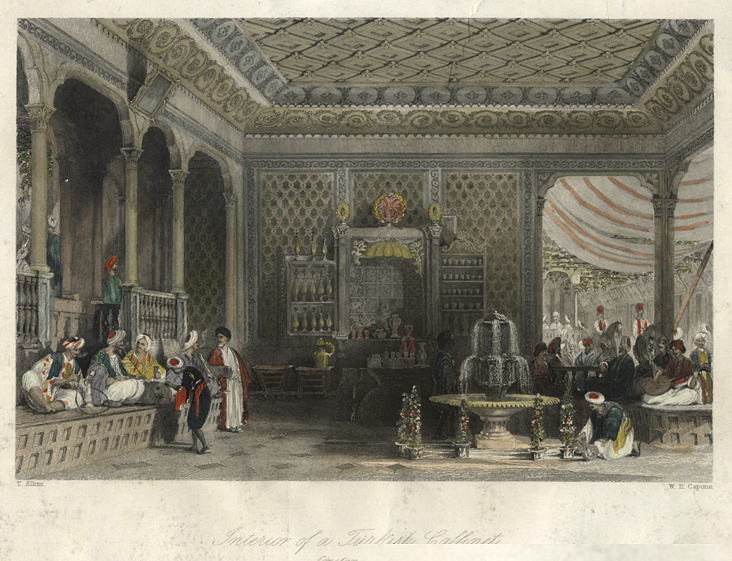 Turkey, Constantinople, Interior of a Turkish Caffinet, 1838