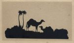 Silhouette of desert scene with camels, c1850