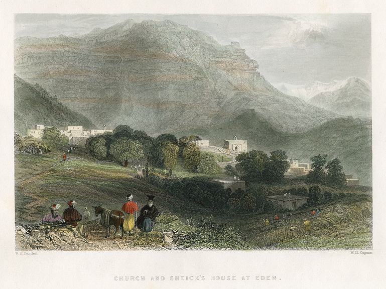 Lebanon, Church and Sheik's house at Eden, 1837