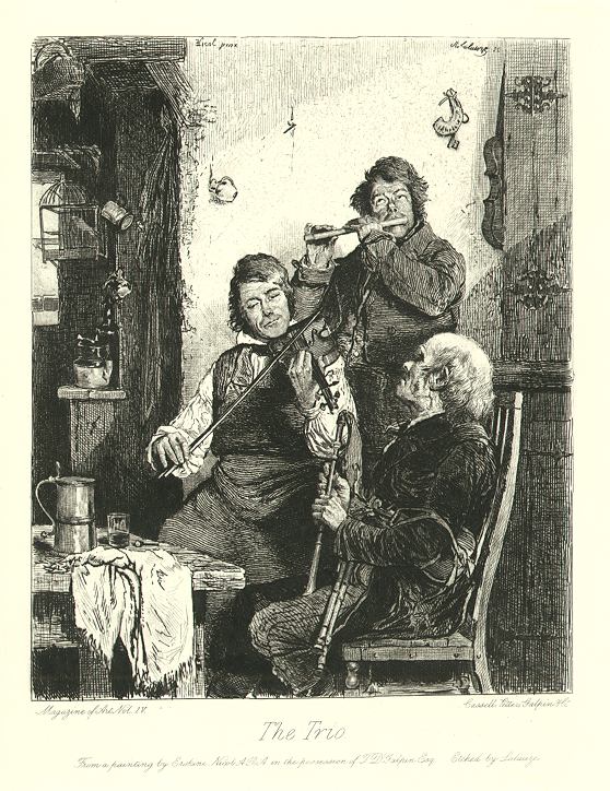 The Trio (misicians), etching by Lalauze after Erskine Nicol, 1881