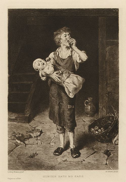 'Hunger Hath no Ears', etching by Gilbert after Knaus, 1893
