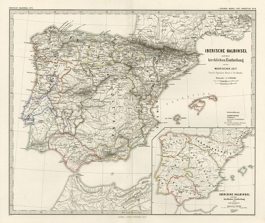 Spain & Portugal, historical Church map, Spruner's Histor' Atlas, 1846