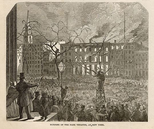 USA, New York, Park Theatre burning down, 1849