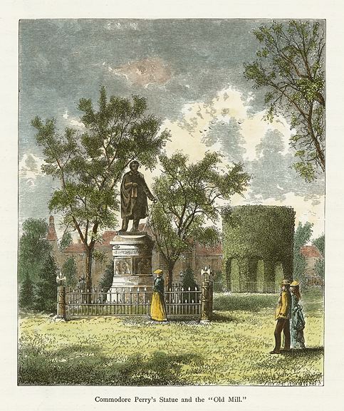 USA, RI, Newport, Commodore Perry's Statue and the Old Mill, 1875