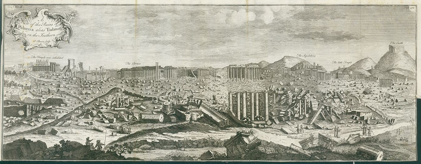 Palmyra ruins panorama, after Cornelis de Bruyn, engraved by Basire, c1747