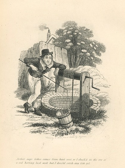 Cockney social caricature, boy fishing in well, Robert Seymour, 1835 / 1878