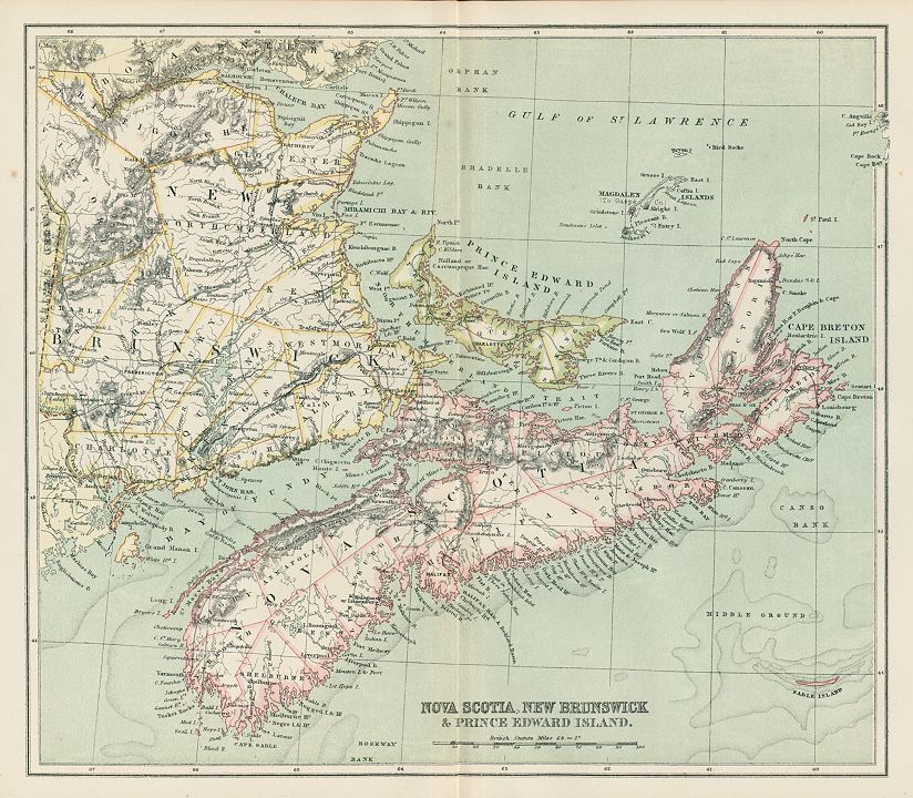 Canada, Nova Scotia, New Brunswick & Price Edward Island map, 1886