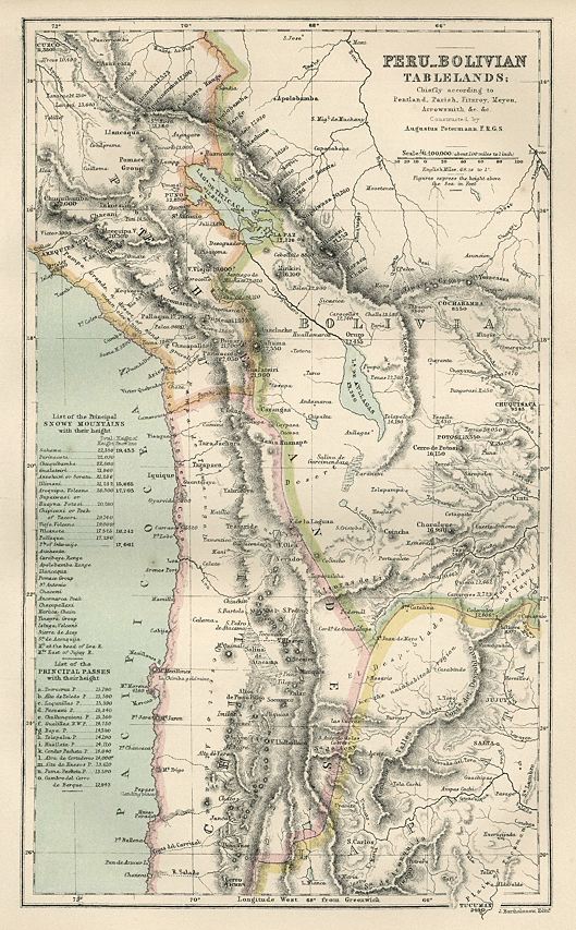 Peru, Bolivia and Chili map, 1886
