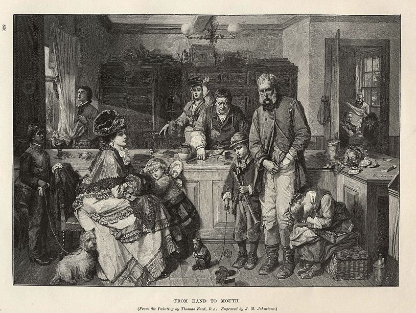 'From Hand to Mouth', wood engraving after Thomas Faed, 1893