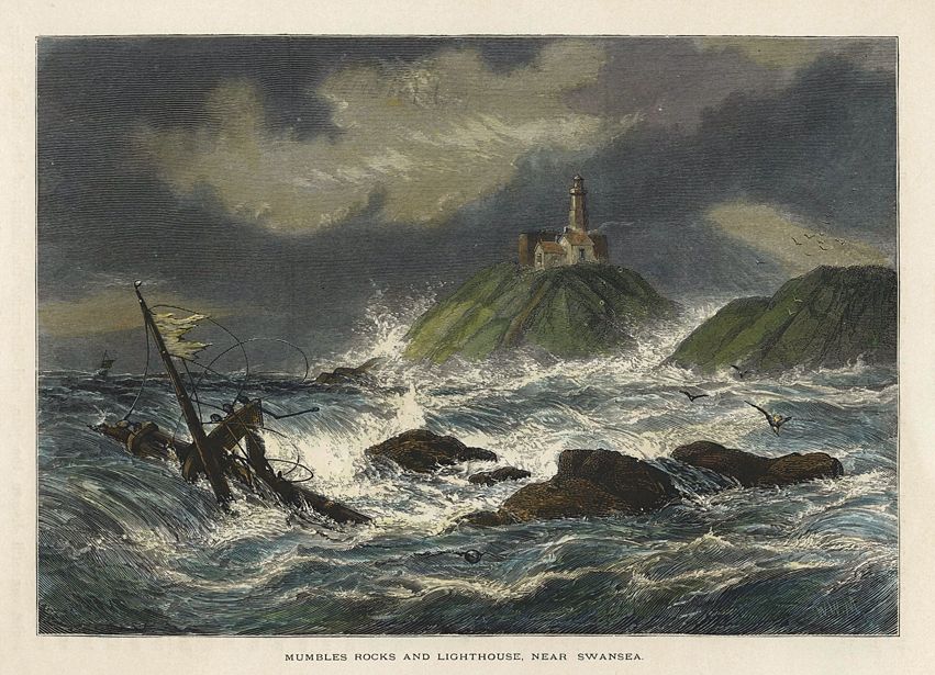 Wales, Mumbles Rocks & Lighthouse, 1875