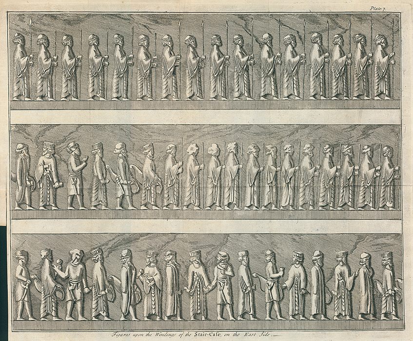 Iran, Persepolis, carved figures on the staircase, 1745