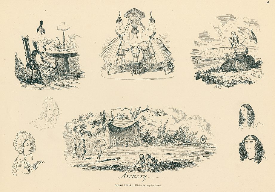Archery and female fashion, caricature by George Cruikshank, 1834 / 1882