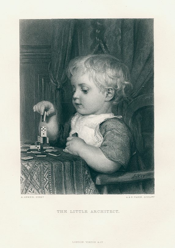 The Little Architect (toddler with dominoes), after Anker, 1874