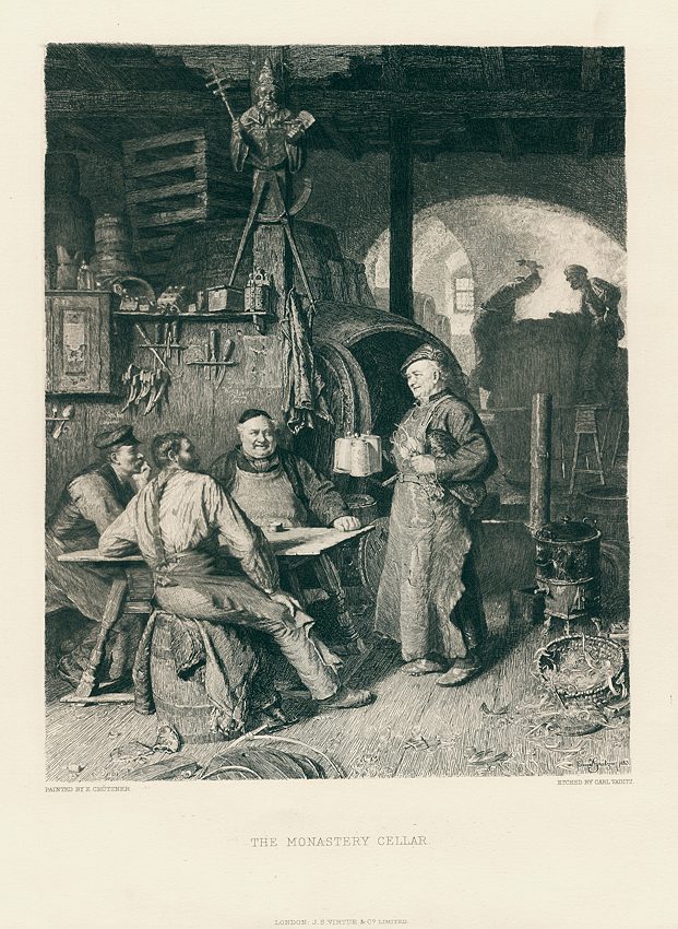 The Monastery Cellar, etching by Carl Vaditz after Crutzner, 1884