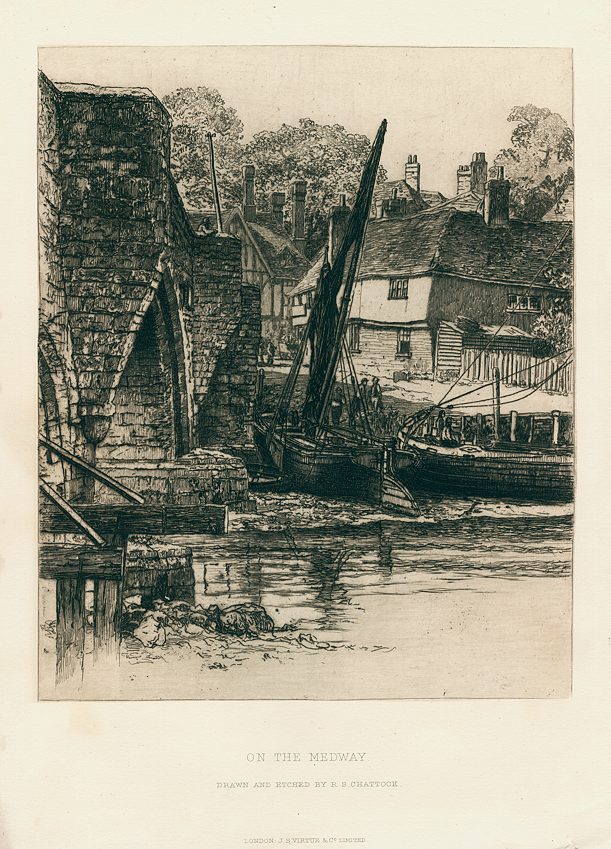 On the Medway, original etching by Chattock, 1884
